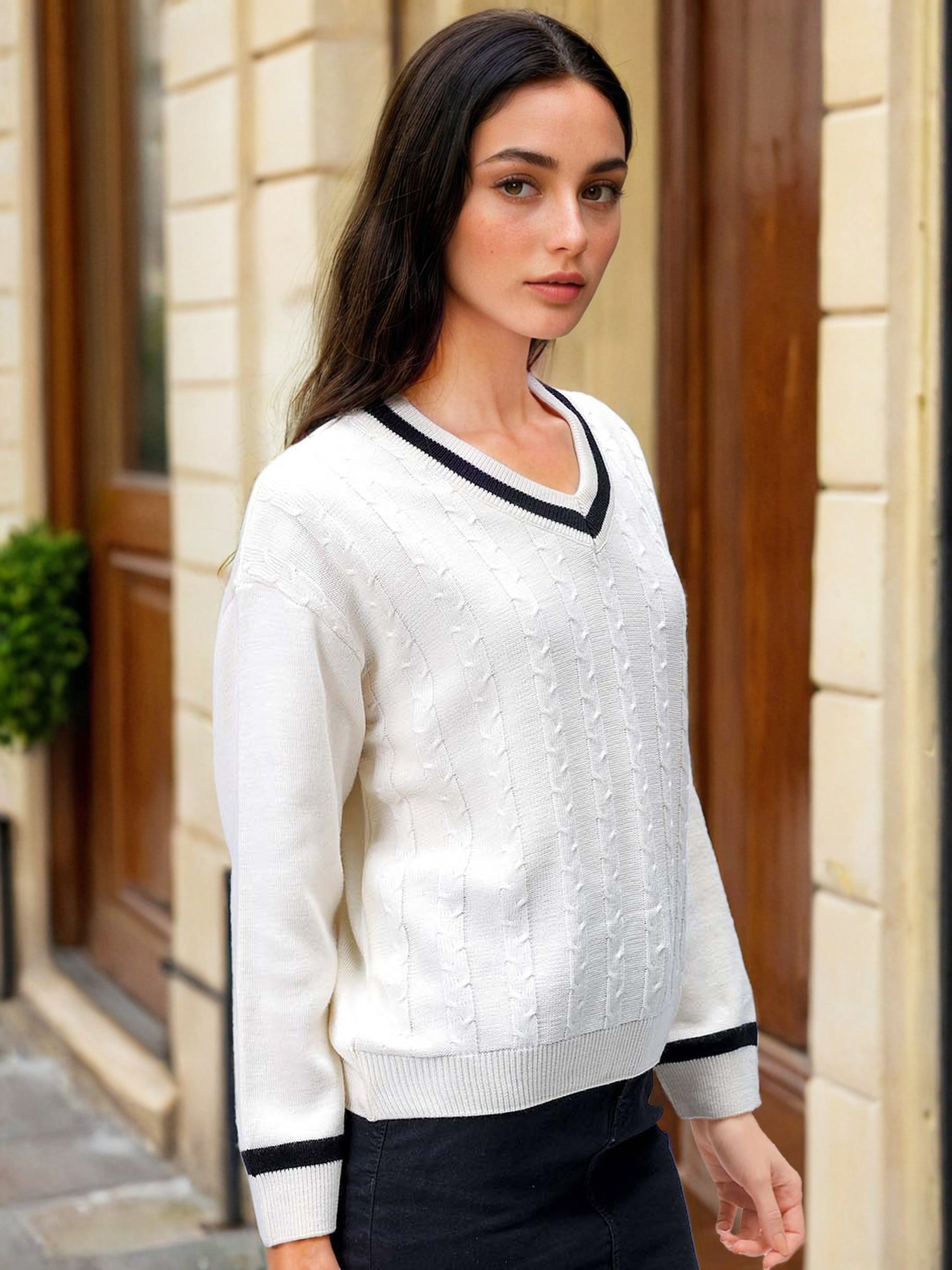 Women's Off White Loose Fit Solid Sweater