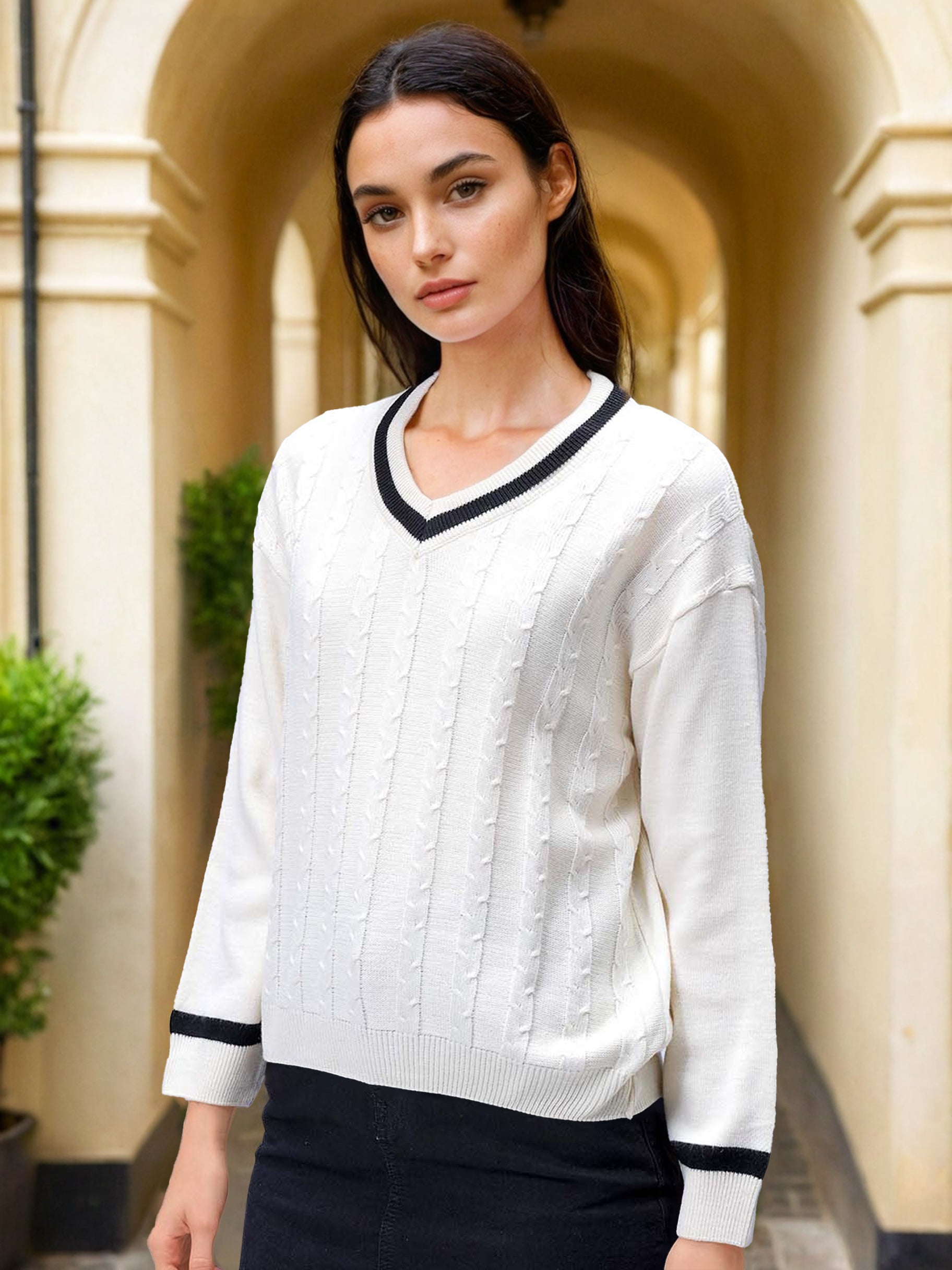 Women's Off White Loose Fit Solid Sweater