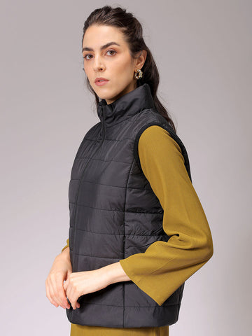 Women's Black Regular Fit Solid Regular Quilted Jacket