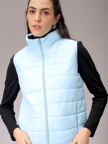 Women's Blue Regular Fit Solid Regular Quilted Jacket