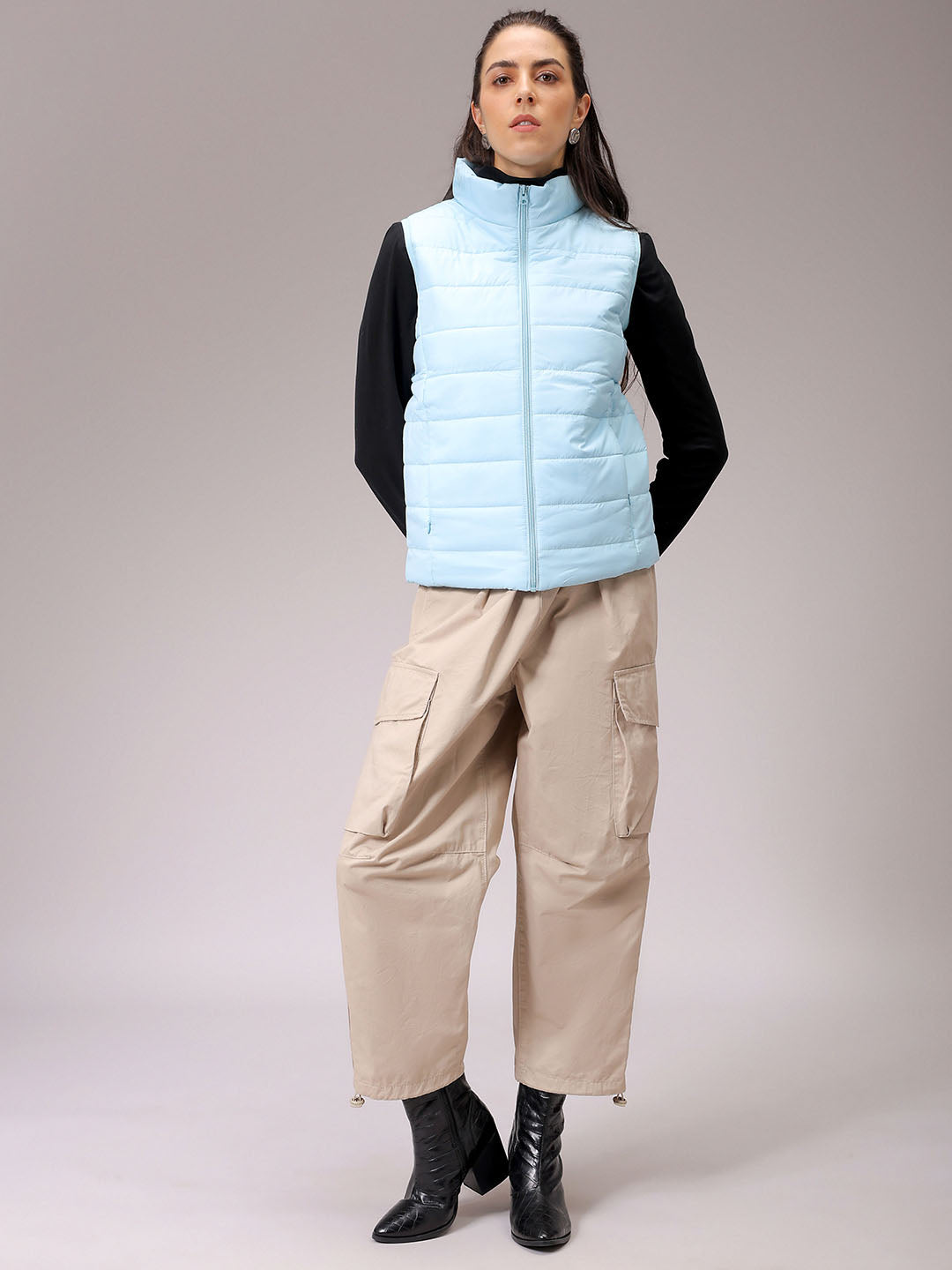 Women's Blue Regular Fit Solid Regular Quilted Jacket