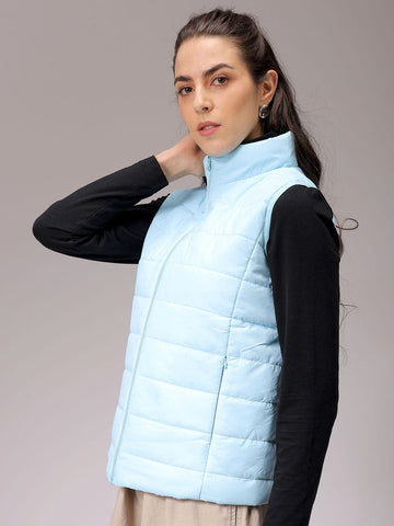 Women's Blue Regular Fit Solid Regular Quilted Jacket