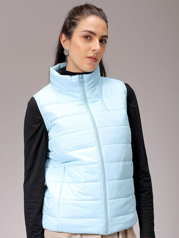 Women's Blue Regular Fit Solid Regular Quilted Jacket