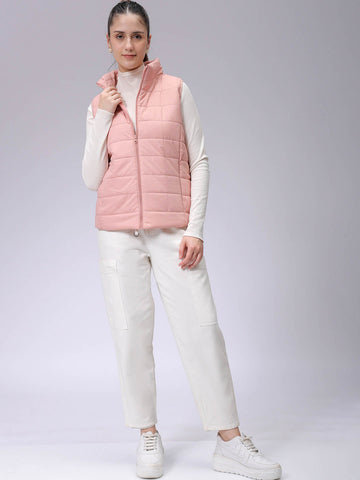Women's Pink Regular Solid Quilted Jacket