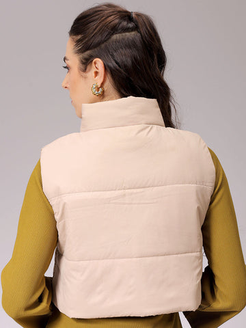 Women's Beige Regular Fit Solid Cropped Quilted Jacket