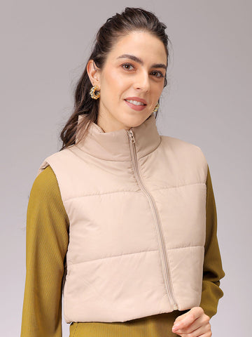 Women's Beige Regular Fit Solid Cropped Quilted Jacket