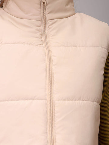 Women's Beige Regular Fit Solid Cropped Quilted Jacket