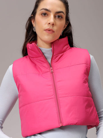 Women's Pink Regular Fit Solid Cropped Quilted Jacket