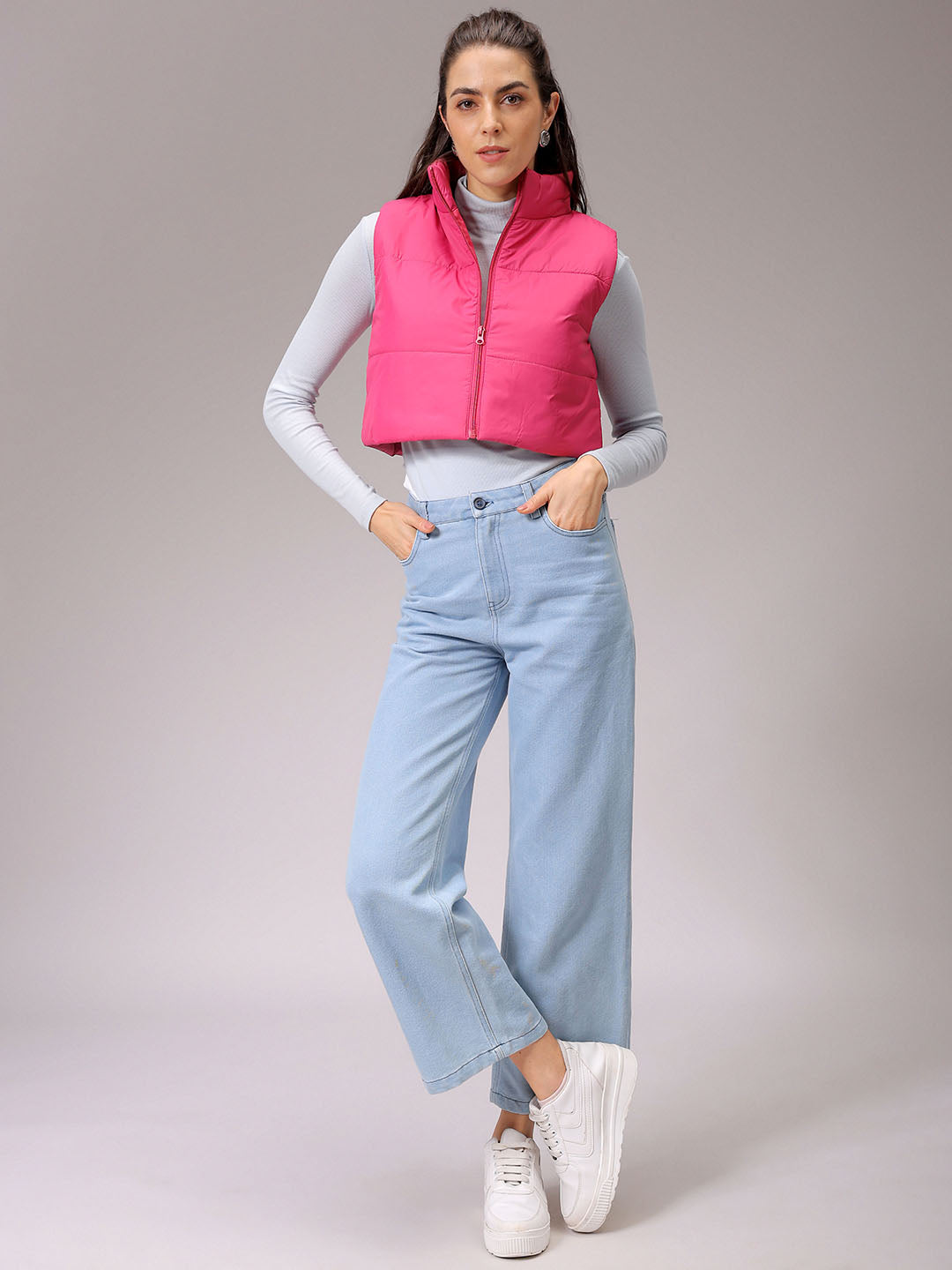 Women's Pink Regular Fit Solid Cropped Quilted Jacket