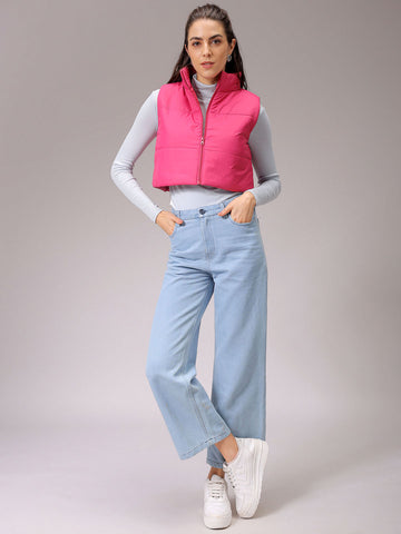 Women's Pink Regular Fit Solid Cropped Quilted Jacket