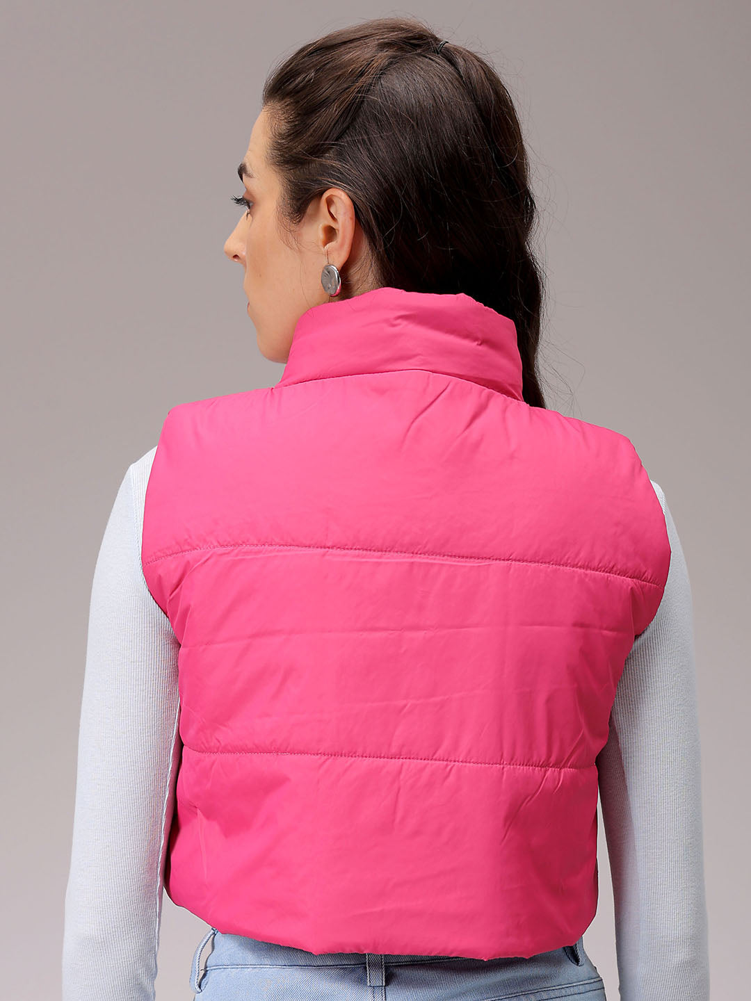 Women's Pink Regular Fit Solid Cropped Quilted Jacket