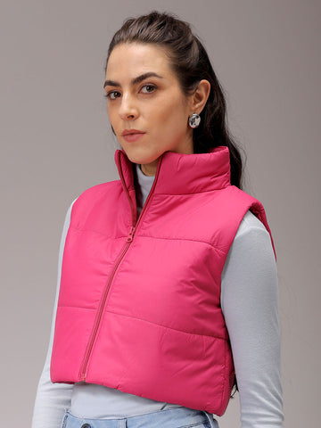 Women's Pink Regular Fit Solid Cropped Quilted Jacket
