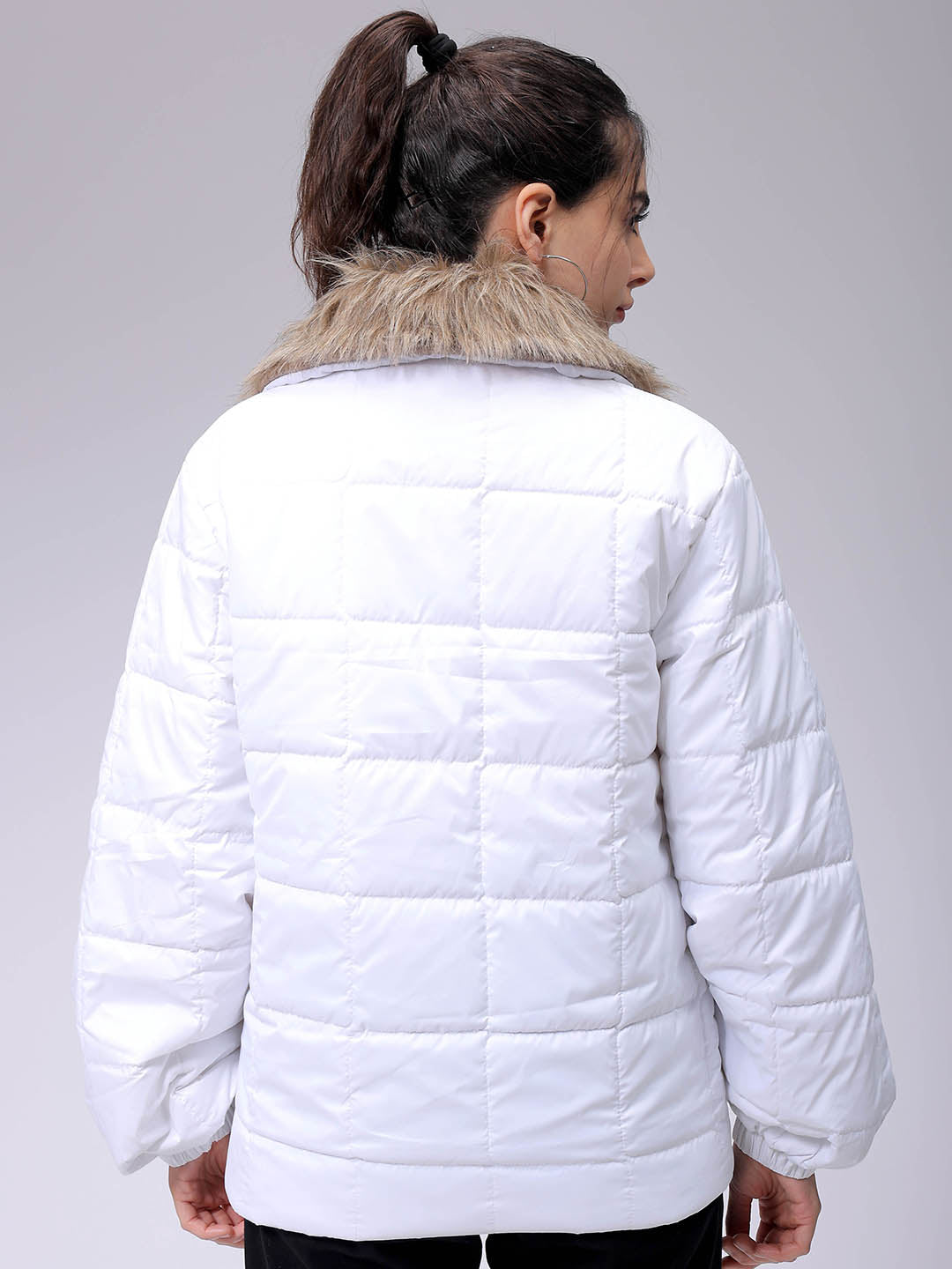 Women's White Relaxed Fit Solid Puffer Jacket