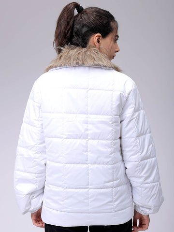 Women's White Relaxed Fit Solid Puffer Jacket