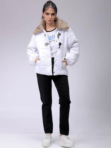 Women's White Relaxed Fit Solid Puffer Jacket