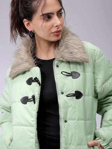 Women's Green Relaxed Fit Solid Puffer Jacket