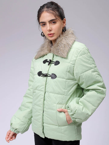 Women's Green Relaxed Fit Solid Puffer Jacket