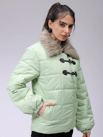 Women's Green Relaxed Fit Solid Puffer Jacket