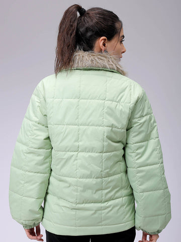 Women's Green Relaxed Fit Solid Puffer Jacket