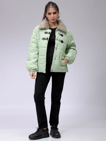 Women's Green Relaxed Fit Solid Puffer Jacket