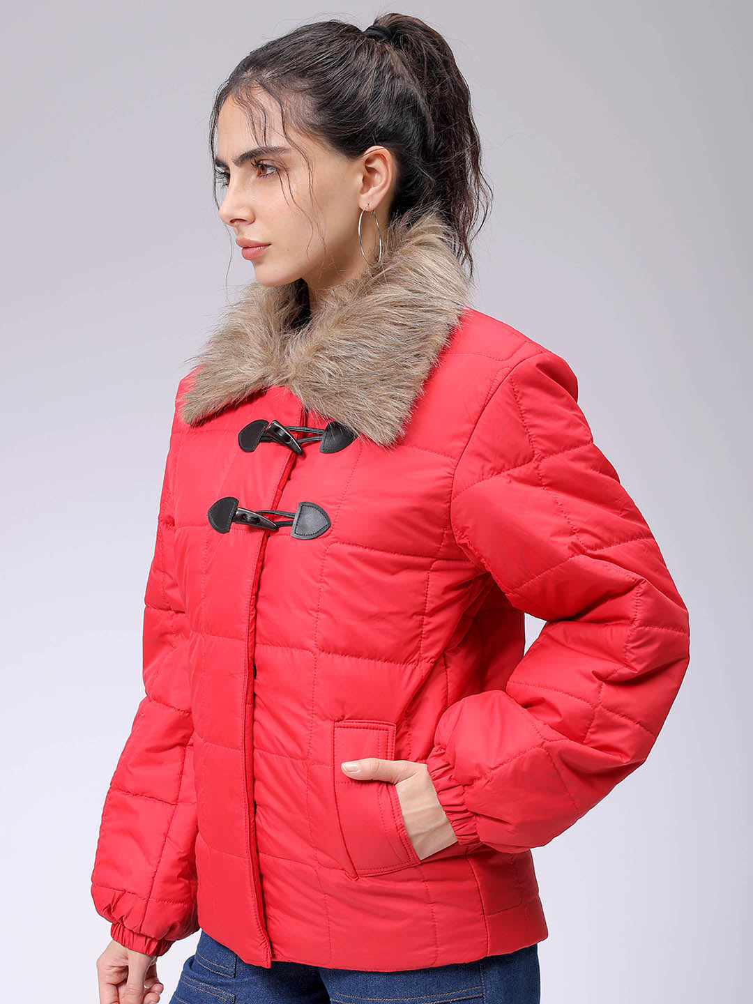 Women's Red Relaxed Fit Solid Puffer Jacket