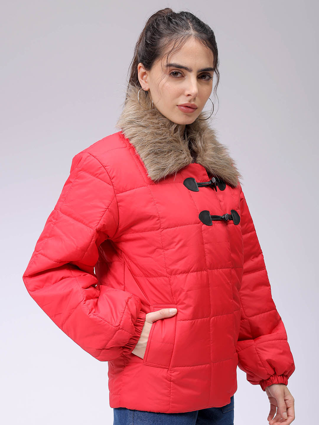 Women's Red Relaxed Fit Solid Puffer Jacket
