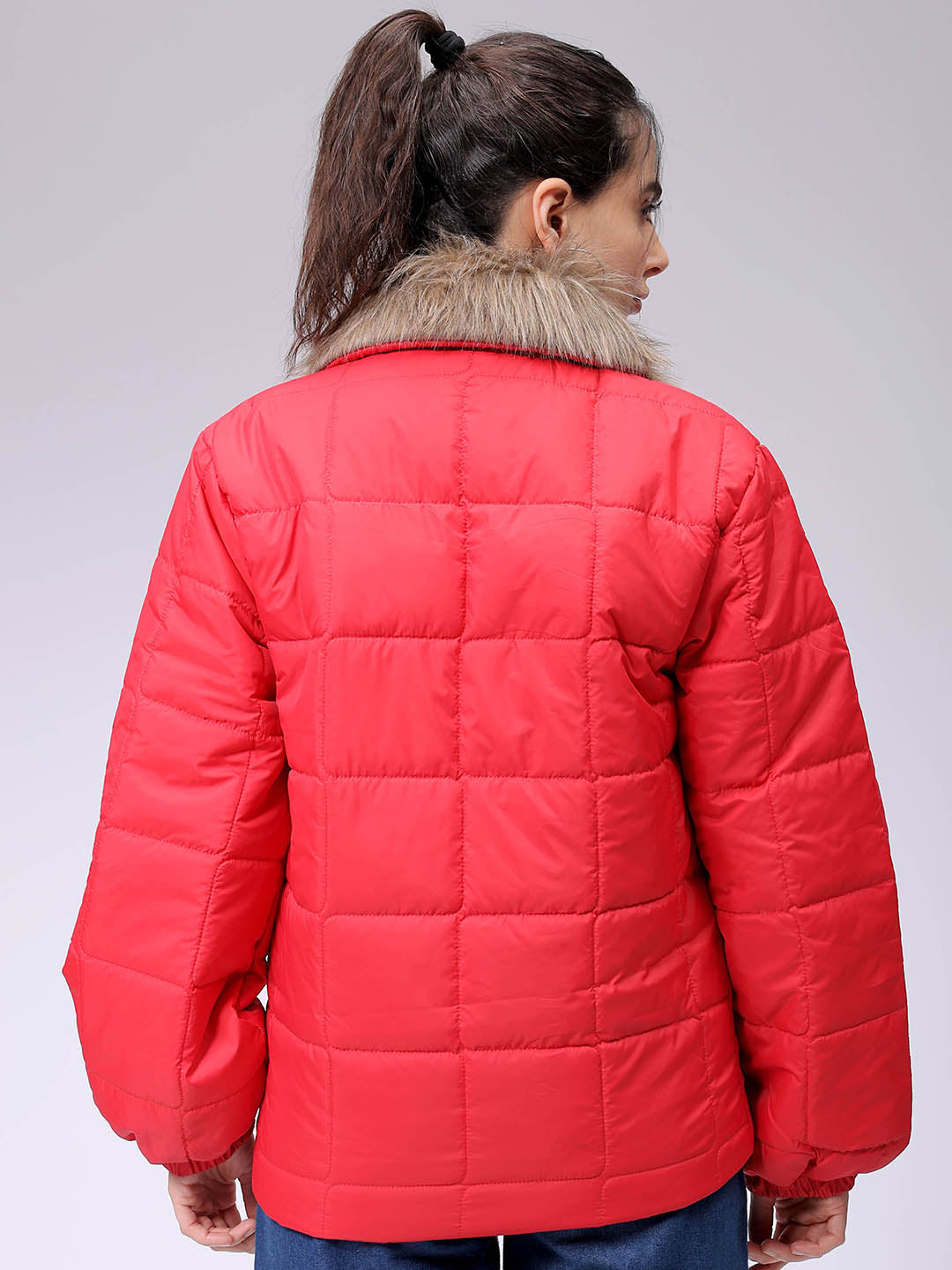 Women's Red Relaxed Fit Solid Puffer Jacket