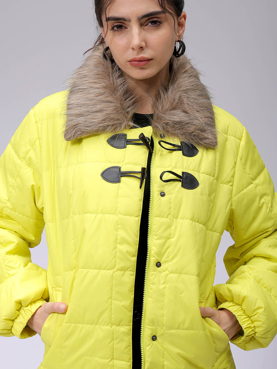 Women's Yellow Relaxed Fit Solid Puffer Jacket