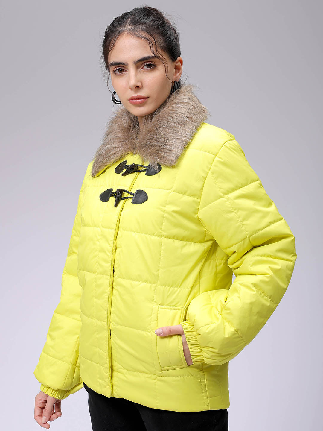 Women's Yellow Relaxed Fit Solid Puffer Jacket