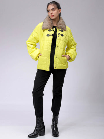 Women's Yellow Relaxed Fit Solid Puffer Jacket