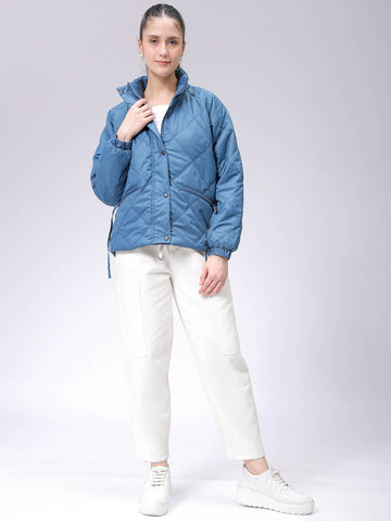Women's Blue Relaxed Solid Quilted Jacket