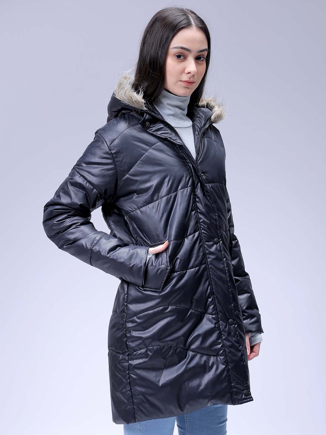Women's Black Relaxed Fit Solid Puffer Jacket