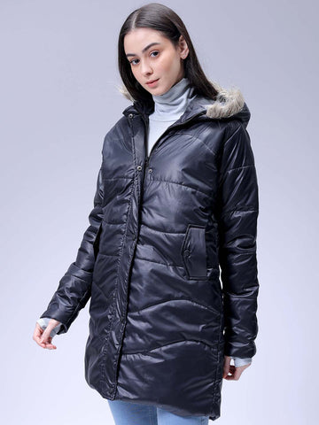 Women's Black Relaxed Fit Solid Puffer Jacket