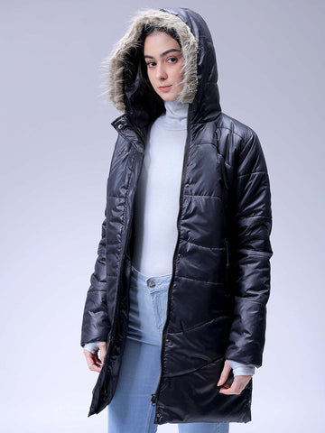 Women's Black Relaxed Fit Solid Puffer Jacket