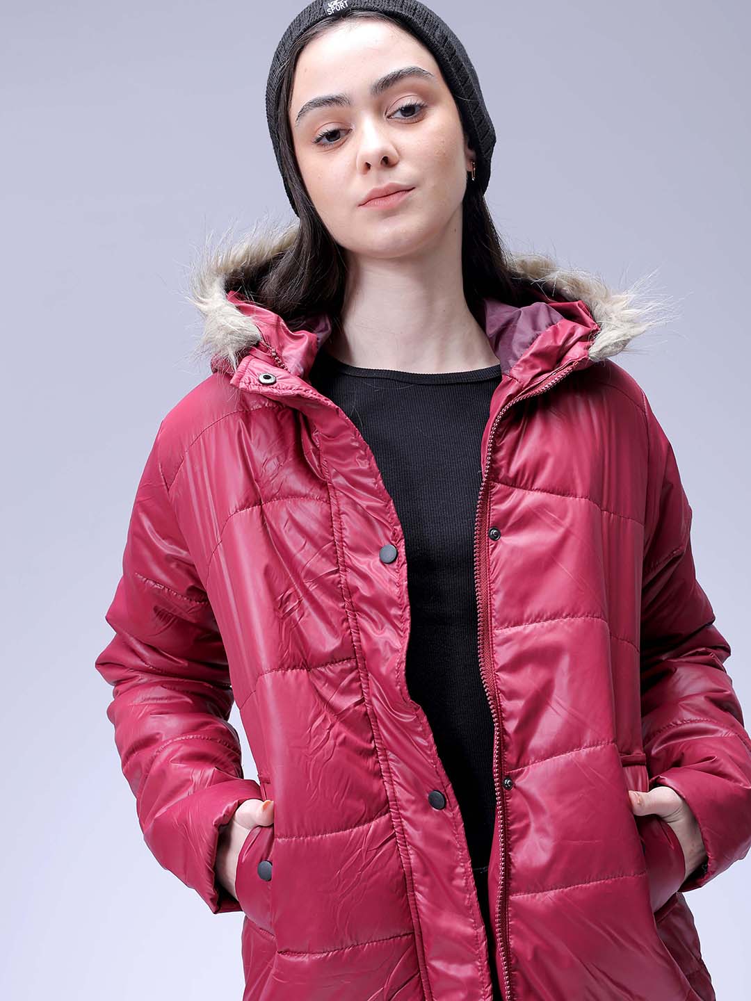 Women's Maroon Relaxed Fit Solid Puffer Jacket