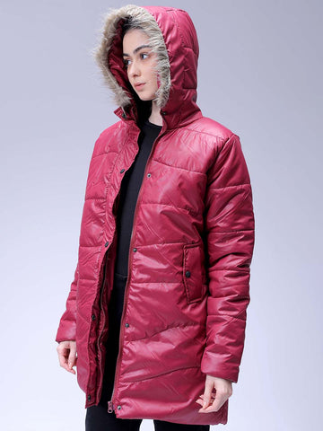 Women's Maroon Relaxed Fit Solid Puffer Jacket