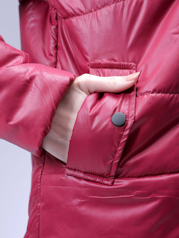 Women's Maroon Relaxed Fit Solid Puffer Jacket
