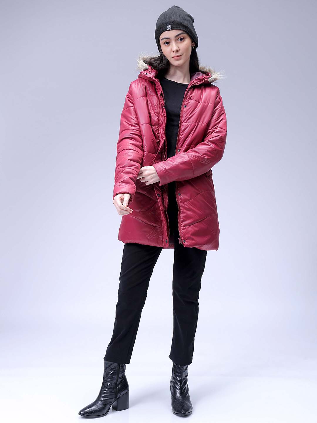 Women's Maroon Relaxed Fit Solid Puffer Jacket