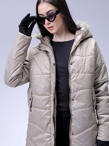 Women's Beige Relaxed Fit Solid Puffer Jacket