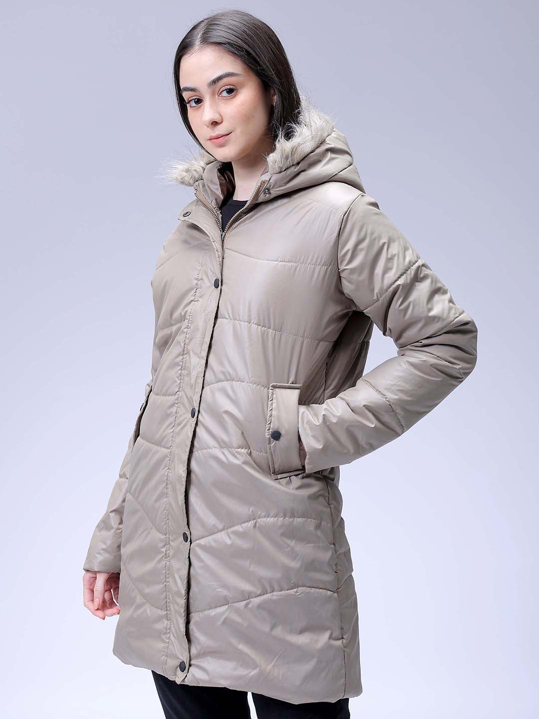 Women's Beige Relaxed Fit Solid Puffer Jacket