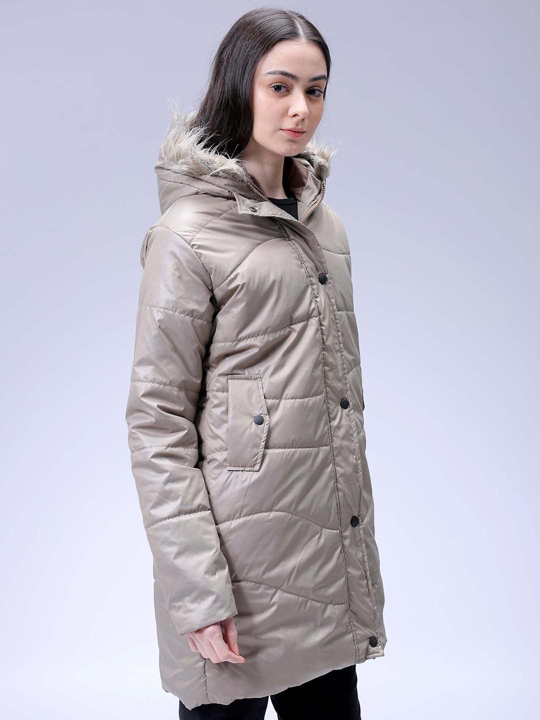 Women's Beige Relaxed Fit Solid Puffer Jacket