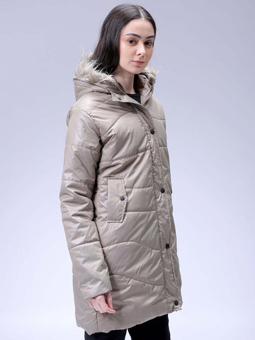 Women's Beige Relaxed Fit Solid Puffer Jacket