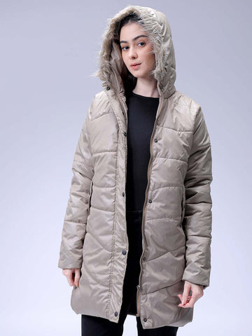 Women's Beige Relaxed Fit Solid Puffer Jacket