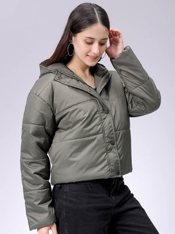 Women's Regular Fit Solid Hooded Puffer Jacket