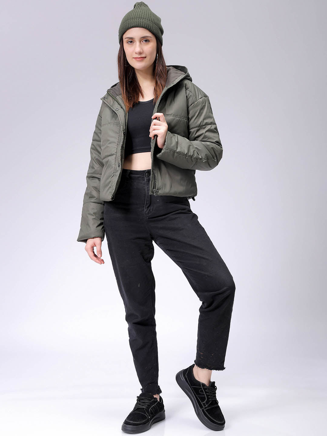 Women's Regular Fit Solid Hooded Puffer Jacket