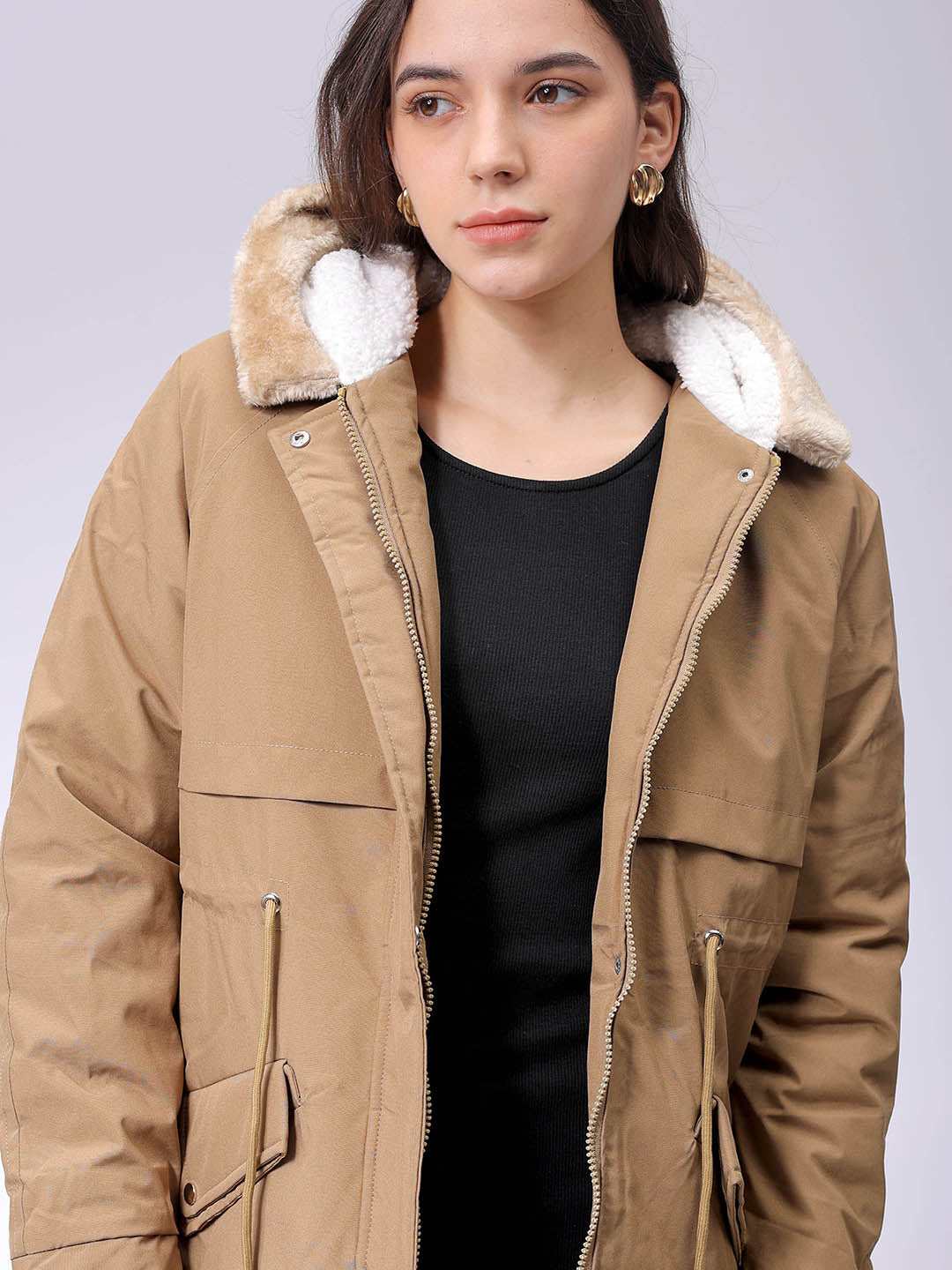 Women's Beige Regular Fit Solid Parka Jacket