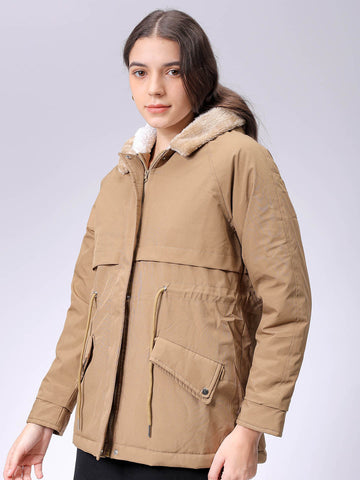 Women's Beige Regular Fit Solid Parka Jacket