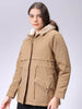 Women's Beige Regular Fit Solid Parka Jacket