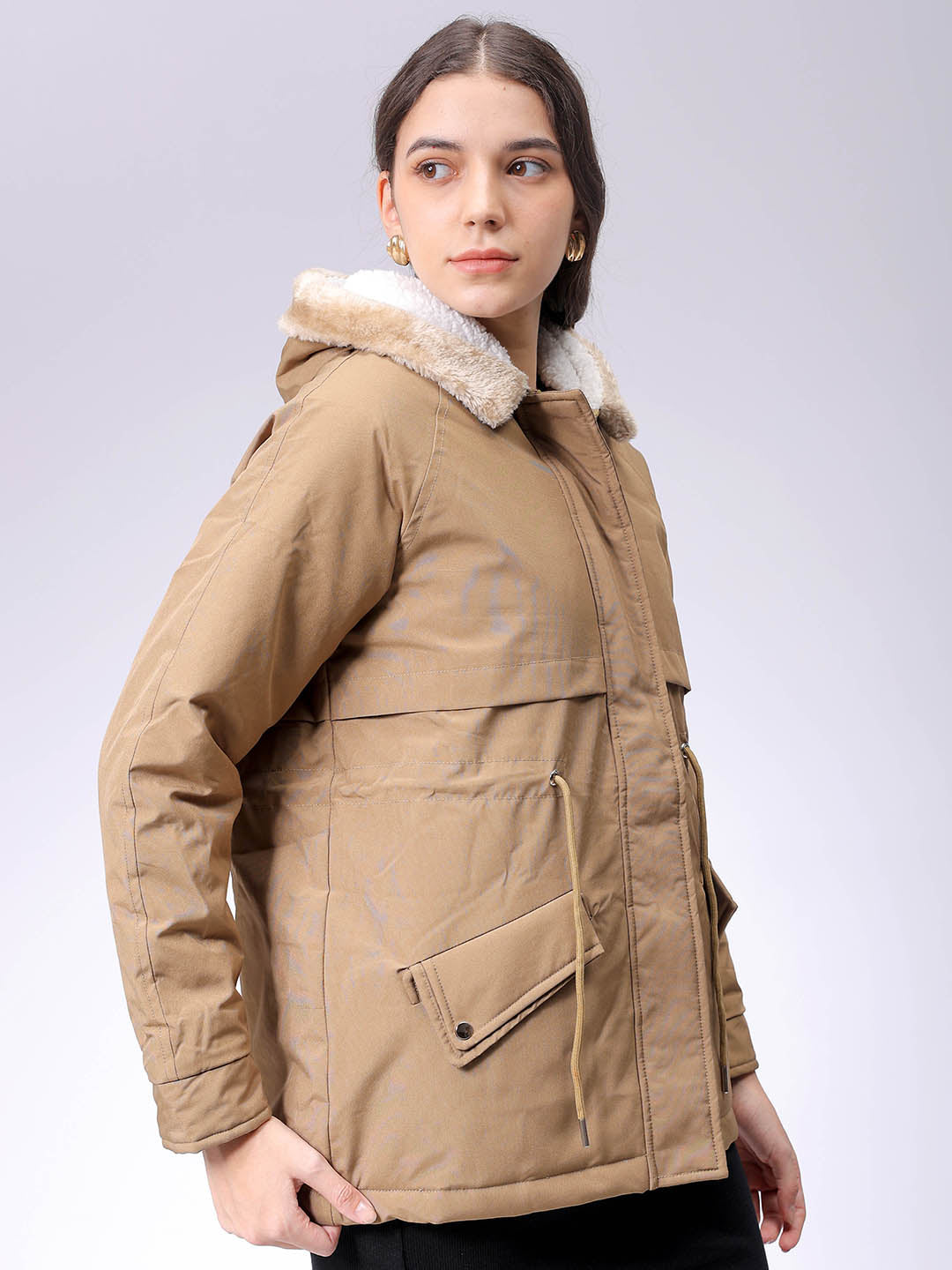 Women's Beige Regular Fit Solid Parka Jacket