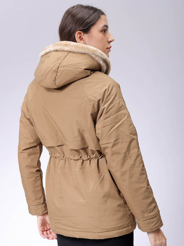 Women's Beige Regular Fit Solid Parka Jacket